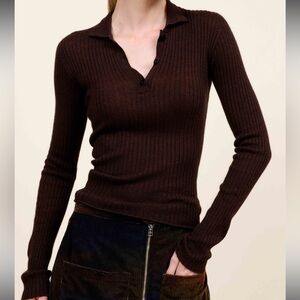 The Elder Statesman Dark Brown Ribbed Polo